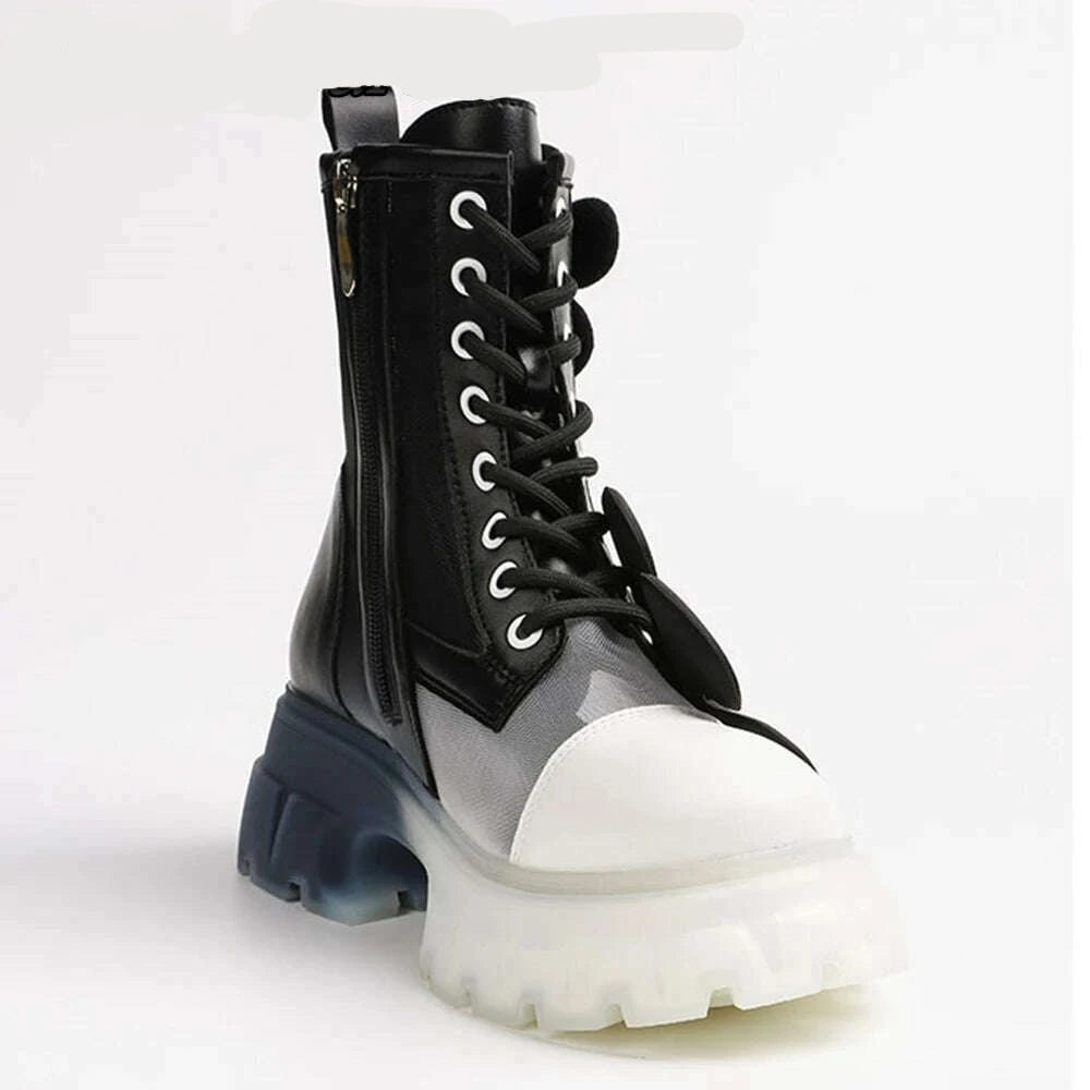 KIMLUD, Mixed Color Air Mesh EVA Flower Thick Bottom Boots Round Toe Lace Up Side Zipper Mid Calf Boots New Year Christmas Wild Shoes, KIMLUD Womens Clothes