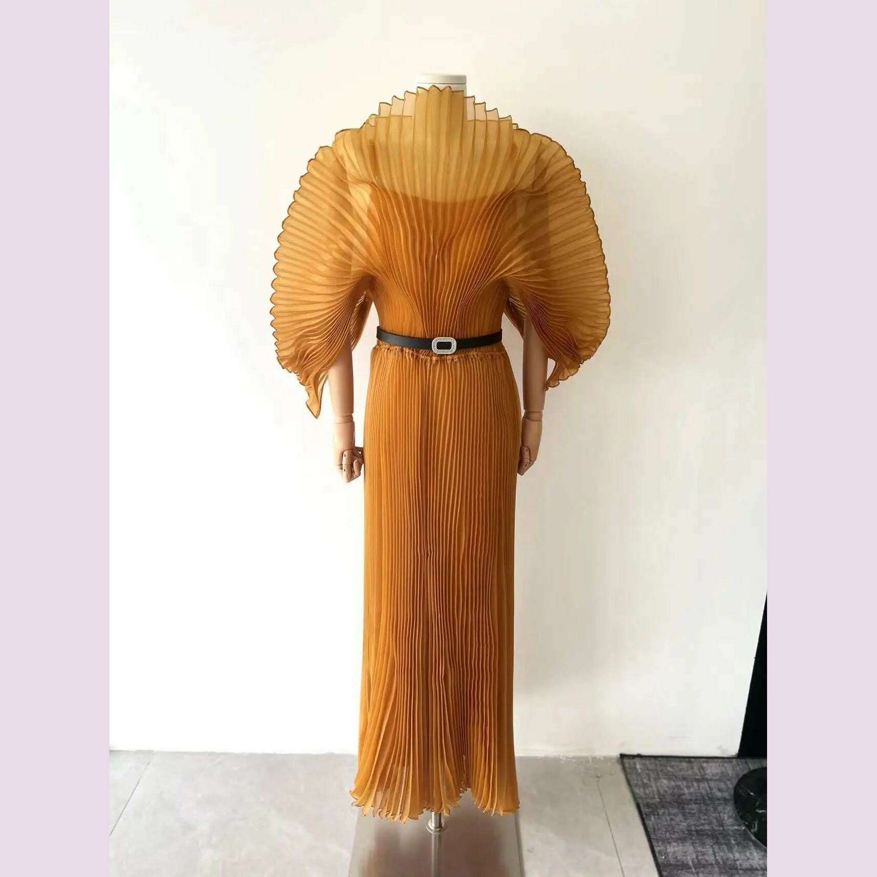 KIMLUD, Miyake Folds 2024 Autumn New Plus-size Dress Hand-made Dolds Elegant Chested Evening Dress, Yellow / One Size / CHINA, KIMLUD APPAREL - Womens Clothes