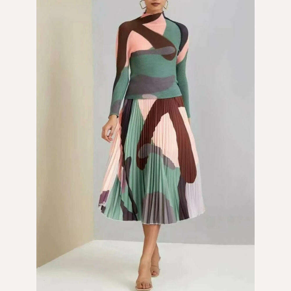 KIMLUD, Miyake Pleated 2 Piece Sets Color Block Women Elegant Long Sleeve Top A-line Elastic Waist Skirt Autumn Holiday Clothes, KIMLUD Women's Clothes