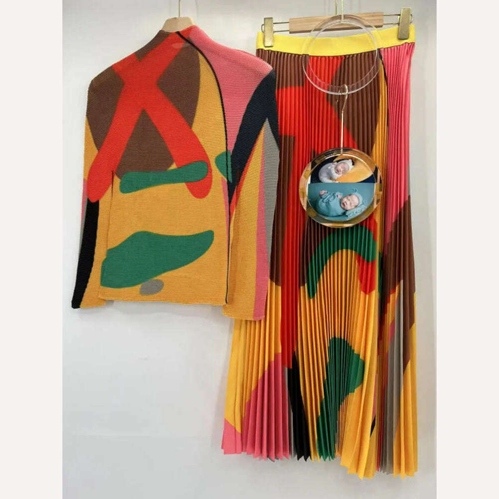 KIMLUD, Miyake Pleated 2 Piece Sets Color Block Women Elegant Long Sleeve Top A-line Elastic Waist Skirt Autumn Holiday Clothes, Yellow / One Size, KIMLUD APPAREL - Womens Clothes