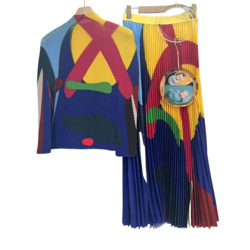 KIMLUD, Miyake Pleated 2 Piece Sets Color Block Women Elegant Long Sleeve Top A-line Elastic Waist Skirt Autumn Holiday Clothes, Blue / One Size, KIMLUD APPAREL - Womens Clothes