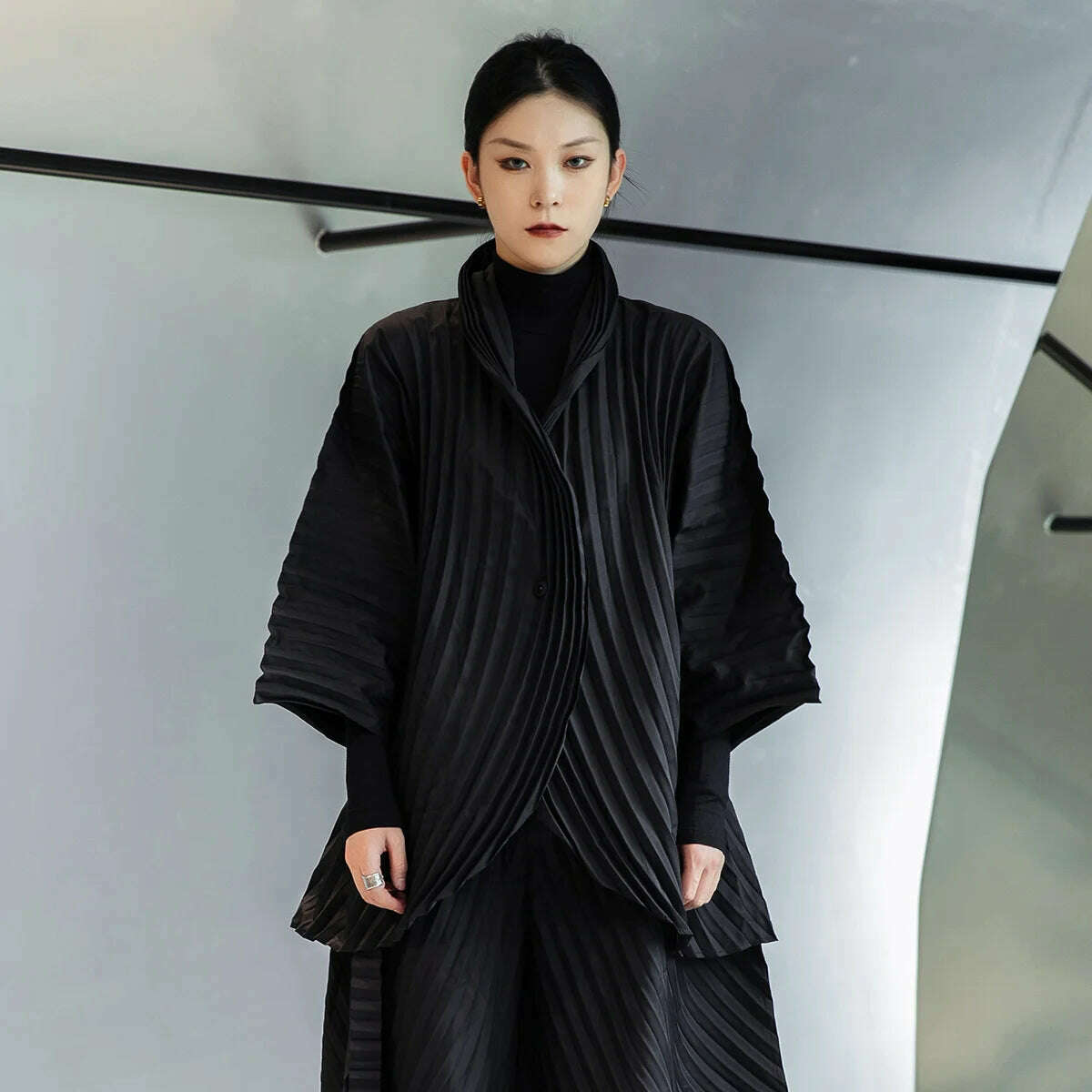 KIMLUD, Miyake Pleated Black Shirts For Women 2023 Summer Fashion Three Quarter Sleeve Lapel Single Button Loose Female Top, clothes / One Size, KIMLUD APPAREL - Womens Clothes