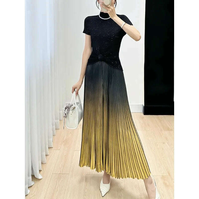 KIMLUD, Miyake Pleated Pants for Women's 2024 Autumn New High End Gradient Color Loose Plus Size Slim Striped Wide Leg Pants, Blue / One Size, KIMLUD APPAREL - Womens Clothes
