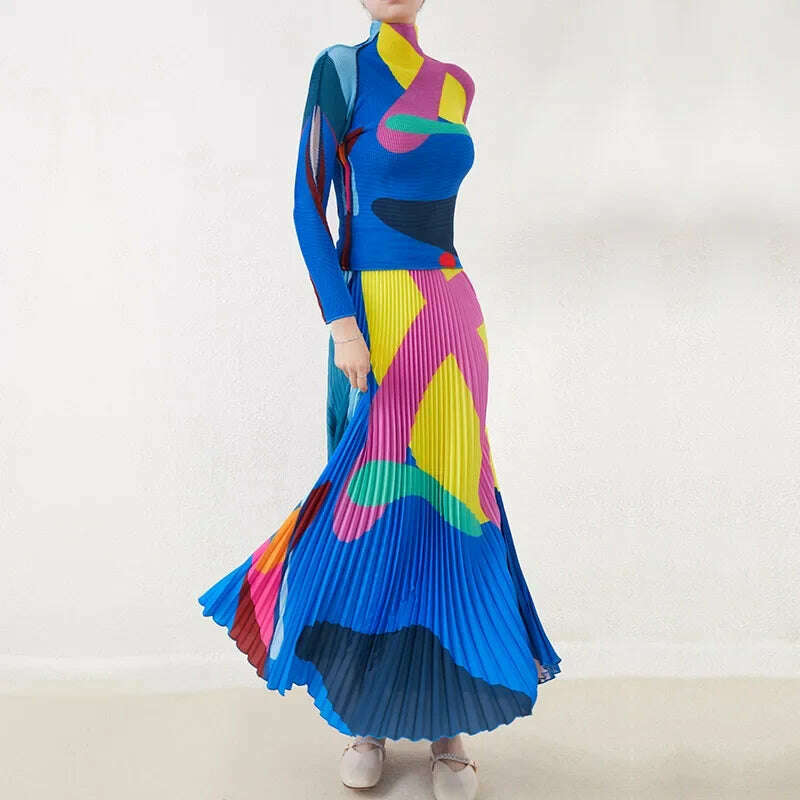 KIMLUD, Miyake Pleated Print Corn Grain Top Fashion Set Women's Spring and Autumn New Loose Pleated Half Skirt Two Piece Set, Blue and yellow suit / One Size, KIMLUD Women's Clothes