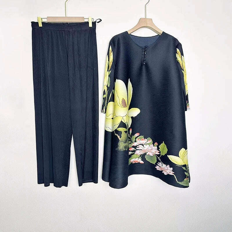 KIMLUD, Miyake Pleated Two Piece Sets Womens Outifits 2023 High-end Boutique Fashion Temperament Women's Loose Suit Summer Spring, black / One Size, KIMLUD APPAREL - Womens Clothes