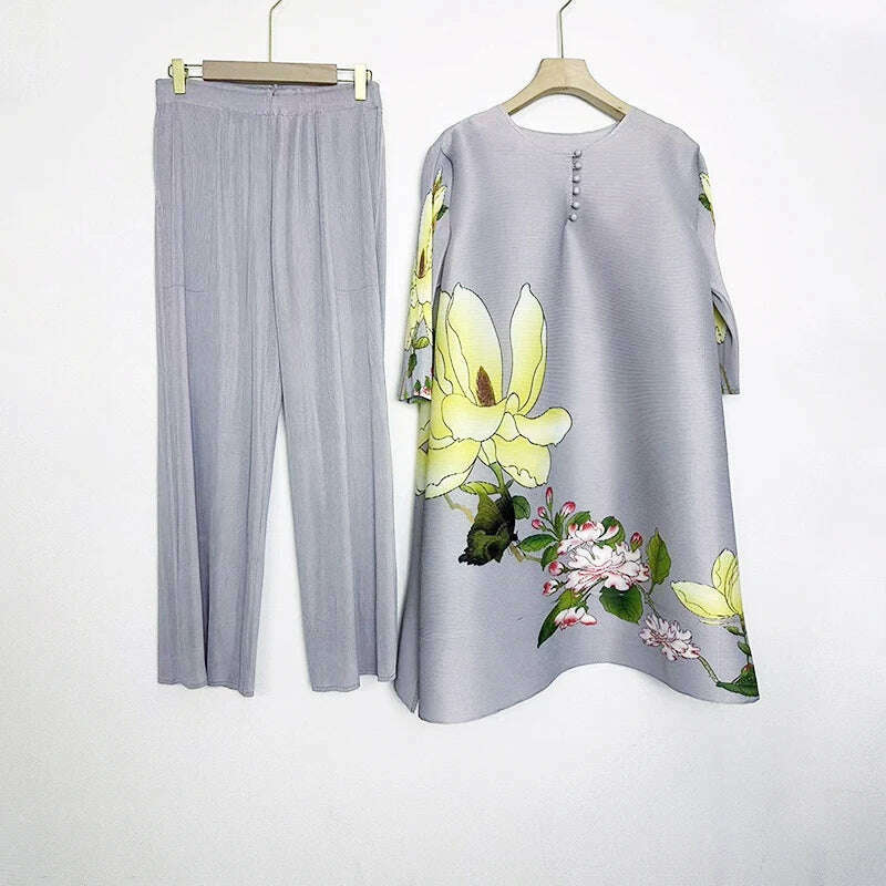 KIMLUD, Miyake Pleated Two Piece Sets Womens Outifits 2023 High-end Boutique Fashion Temperament Women's Loose Suit Summer Spring, Light Grey / One Size, KIMLUD APPAREL - Womens Clothes