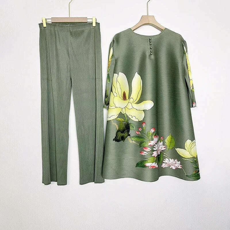 KIMLUD, Miyake Pleated Two Piece Sets Womens Outifits 2023 High-end Boutique Fashion Temperament Women's Loose Suit Summer Spring, Pea green / One Size, KIMLUD APPAREL - Womens Clothes
