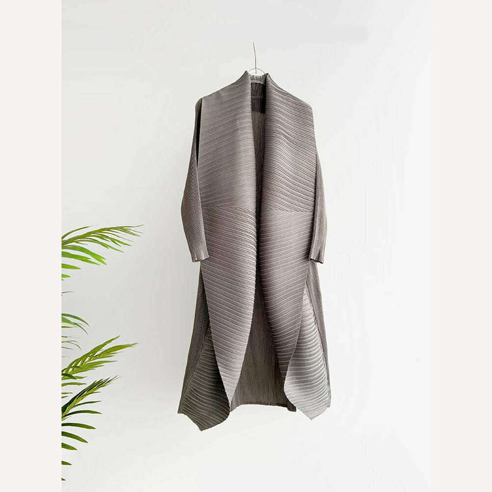 KIMLUD, Miyake Pleated Women's Long Jacket 2023 Winter Turn-down Collar Pen Stitch Long Sleeve Windbreaker Loose Oversize Cardigan Coats, GRAY / One Size, KIMLUD APPAREL - Womens Clothes