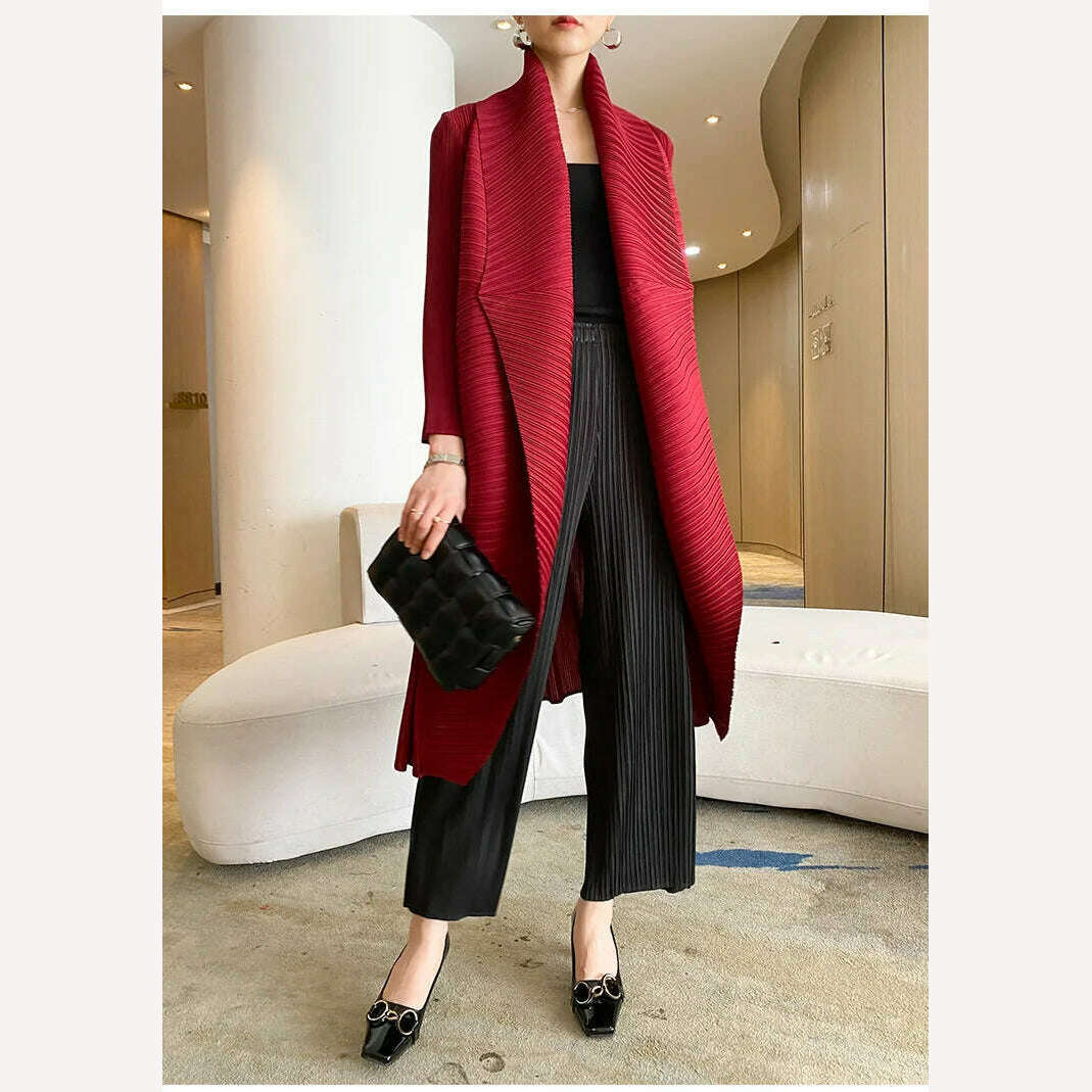 KIMLUD, Miyake Pleated Women's Long Jacket 2023 Winter Turn-down Collar Pen Stitch Long Sleeve Windbreaker Loose Oversize Cardigan Coats, KIMLUD Womens Clothes