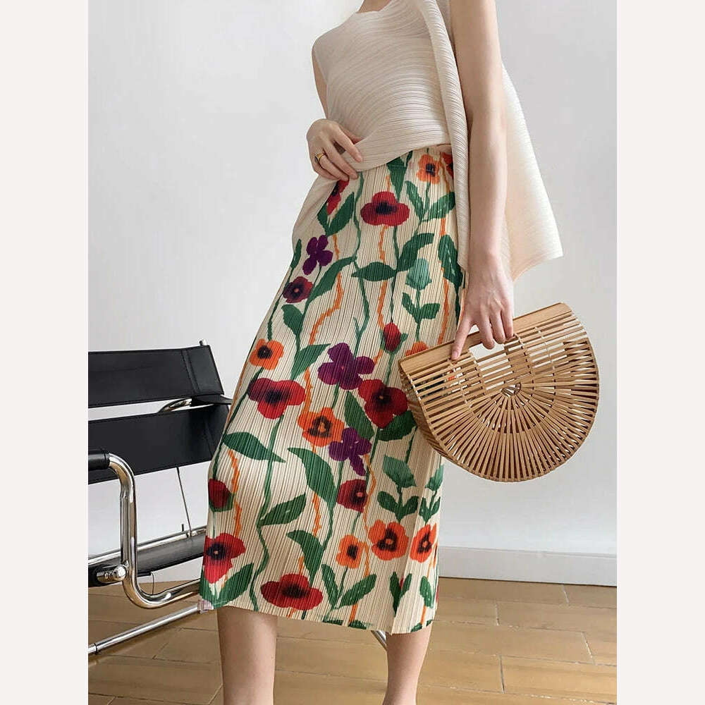 KIMLUD, Miyake Pleats Flower Printed Skirt High Waist Slit Straight Women 2023 Spring Summer New Korean Fashion Causal Designer Clothes, KIMLUD Womens Clothes