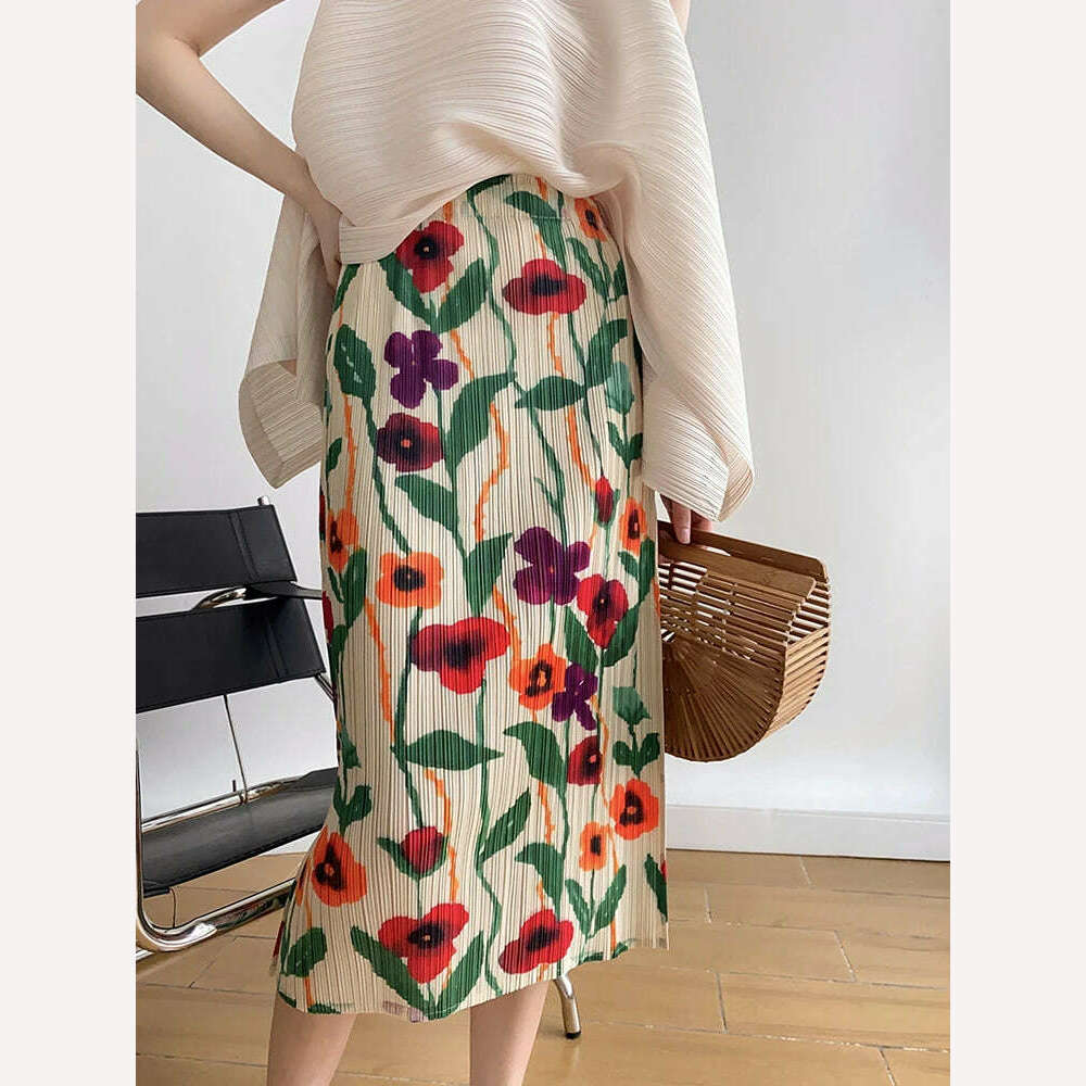 KIMLUD, Miyake Pleats Flower Printed Skirt High Waist Slit Straight Women 2023 Spring Summer New Korean Fashion Causal Designer Clothes, KIMLUD Womens Clothes