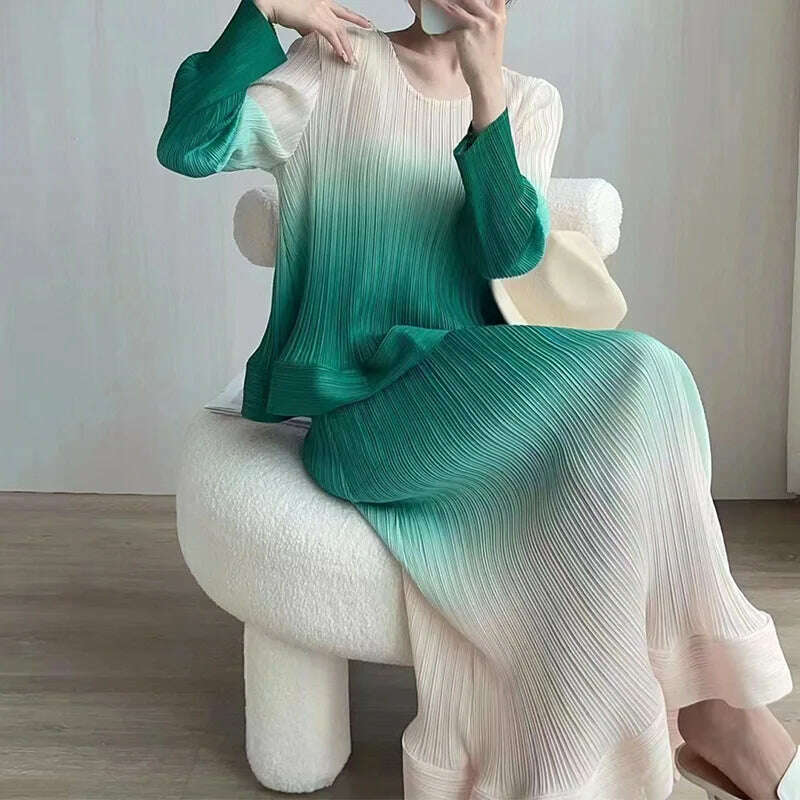 KIMLUD, Miyake Style Pleated Suit for Women 2023 Summer New High-End and Fashionable Casual Loose Gradient Color Top+ Skirt 2 Piece Set, Green gradient / One Size, KIMLUD APPAREL - Womens Clothes