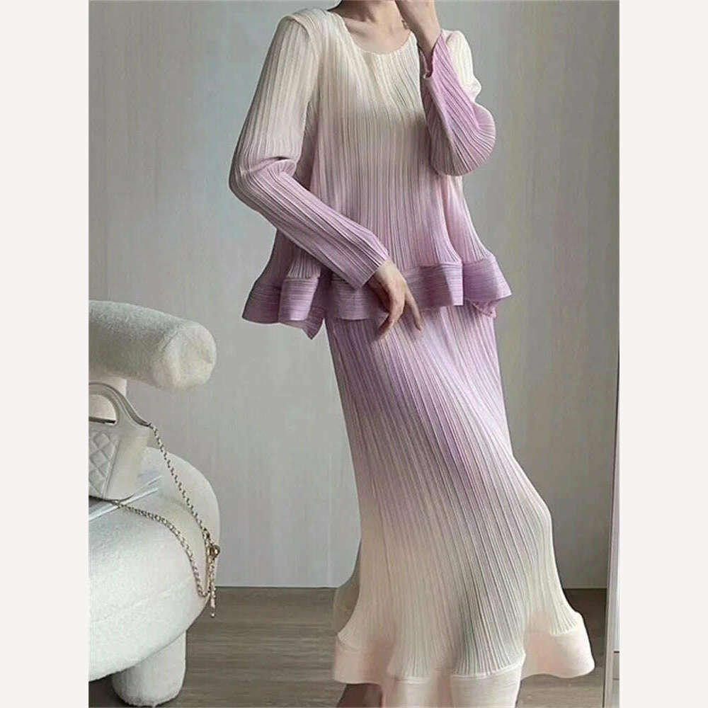 KIMLUD, Miyake Style Pleated Suit for Women 2023 Summer New High-End and Fashionable Casual Loose Gradient Color Top+ Skirt 2 Piece Set, Light purple gradien / One Size, KIMLUD APPAREL - Womens Clothes