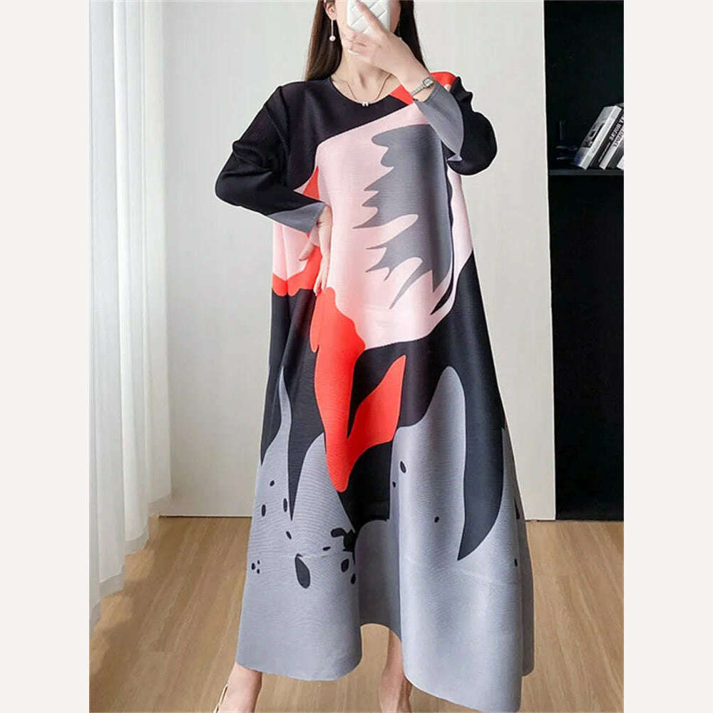 KIMLUD, Miyake Style Pleated Women Dress 2023 Summer Fashion Print Round Neck Loose Plus Size Casual A- Line Luxury New Evening Dresses, KIMLUD Womens ClothesKIMLUD, Miyake Style Pleated Women Dress 2023 Summer Fashion Print Round Neck Loose Plus Size Casual A- Line Luxury New Evening Dresses, black / One Size, KIMLUD APPAREL - Womens Clothes