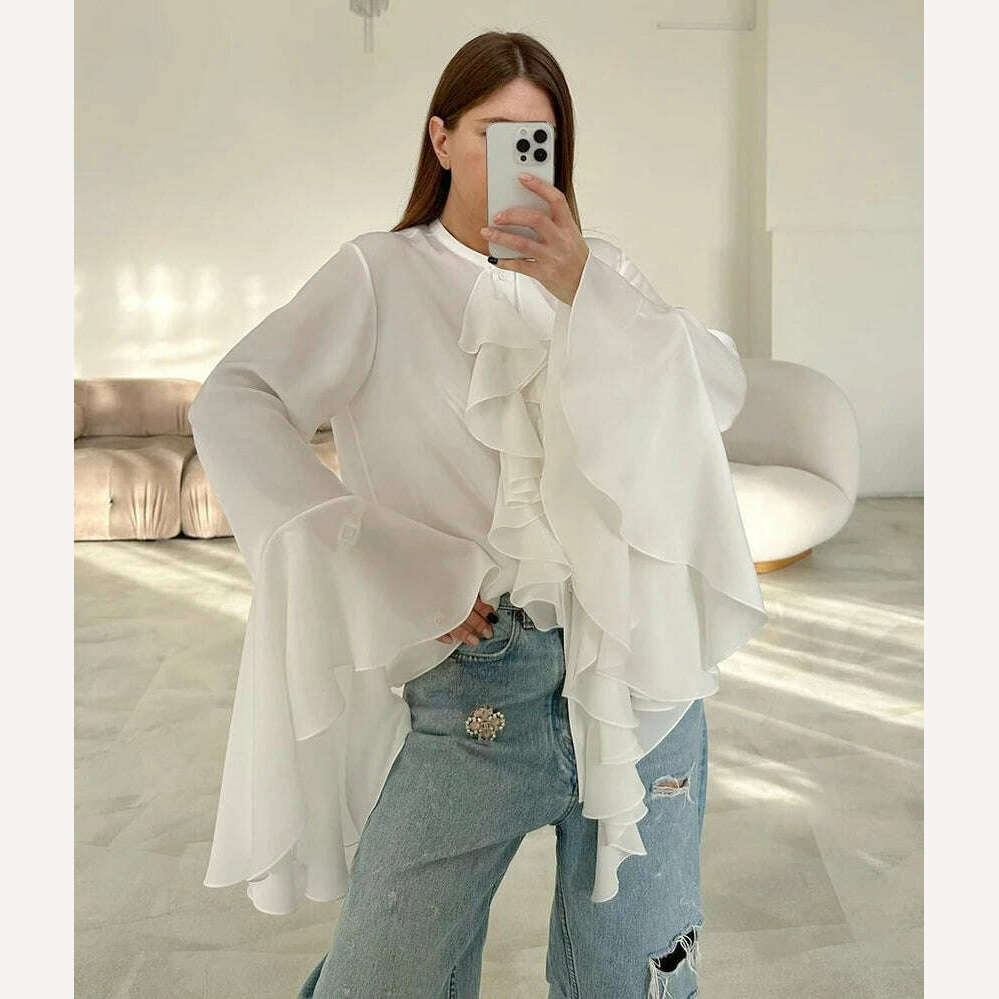 KIMLUD, Mnealways18 Chiffon White Ruffled Shirts For Women Flare Sleeve Oversize Laminated Flounces Elegant Blouses And Tops Spring 2024, KIMLUD Womens Clothes