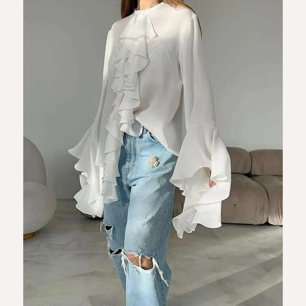 KIMLUD, Mnealways18 Chiffon White Ruffled Shirts For Women Flare Sleeve Oversize Laminated Flounces Elegant Blouses And Tops Spring 2024, KIMLUD Womens Clothes