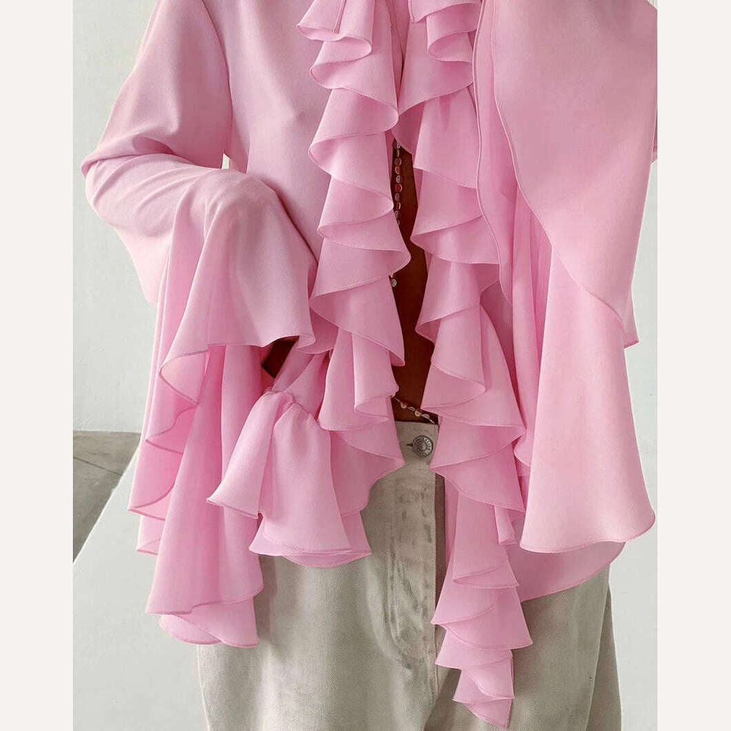 KIMLUD, Mnealways18 Chiffon White Ruffled Shirts For Women Flare Sleeve Oversize Laminated Flounces Elegant Blouses And Tops Spring 2024, KIMLUD Womens Clothes