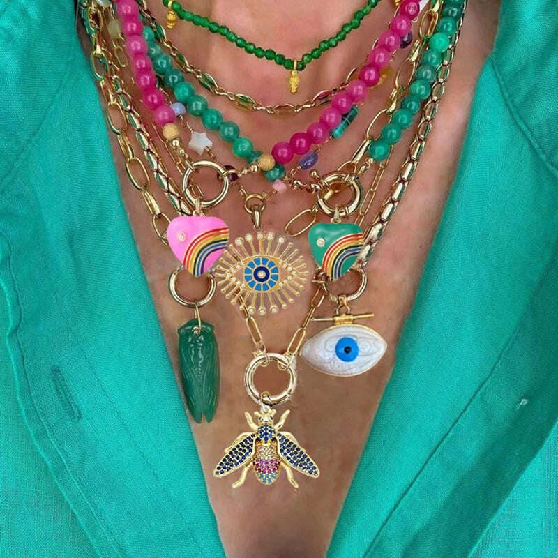 KIMLUD, Moda shell flower pendant necklace heart pearl evil eye charm Women Girls Party Jewelry Collier buddha Neck Accessory Vintage, KIMLUD Womens Clothes