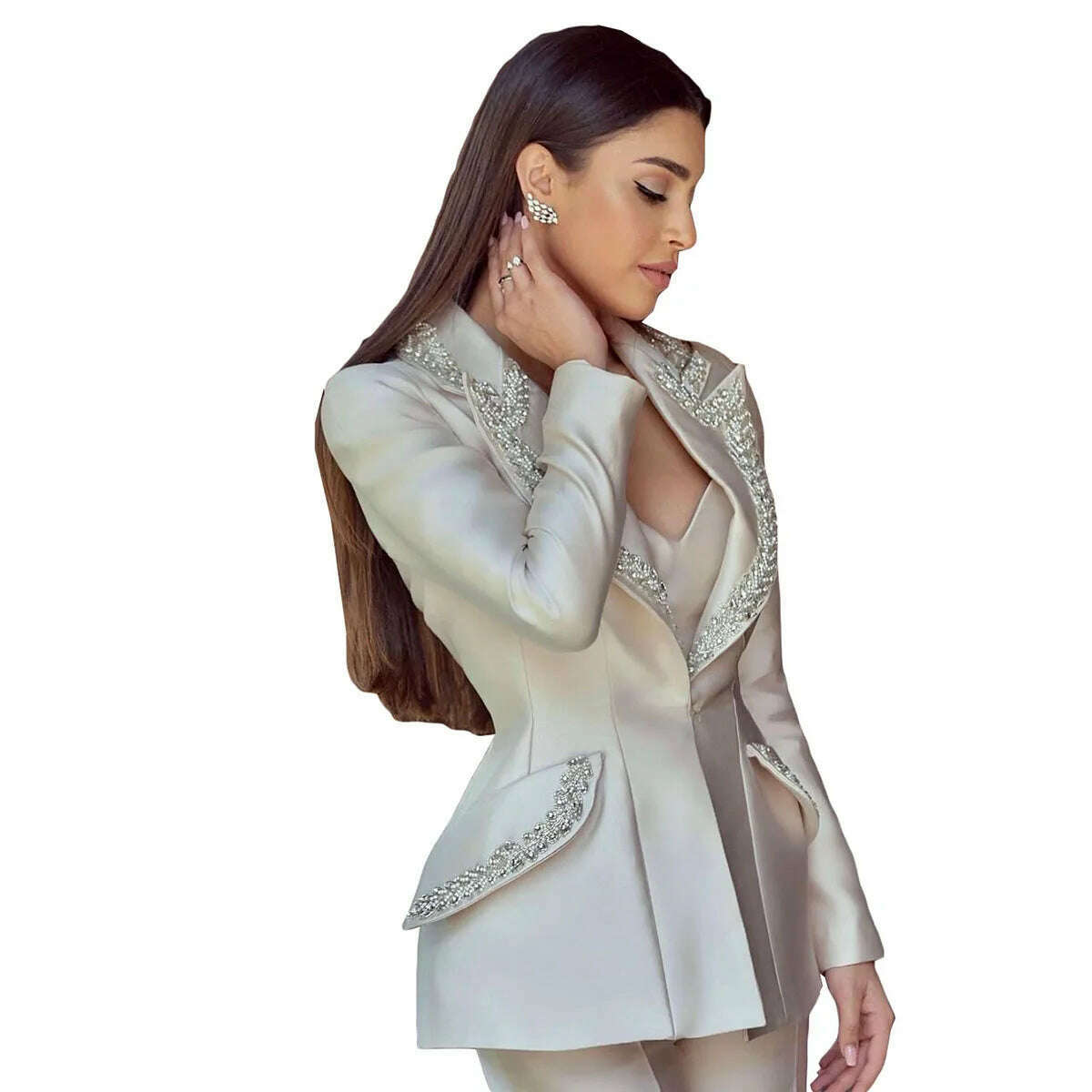 KIMLUD, Modern Crystal Women Suits 2 Pieces One Button Shiny Pocket Blazer Custom Made Fashion Slim Fit Elegant Celebrity Jacket, KIMLUD Womens Clothes