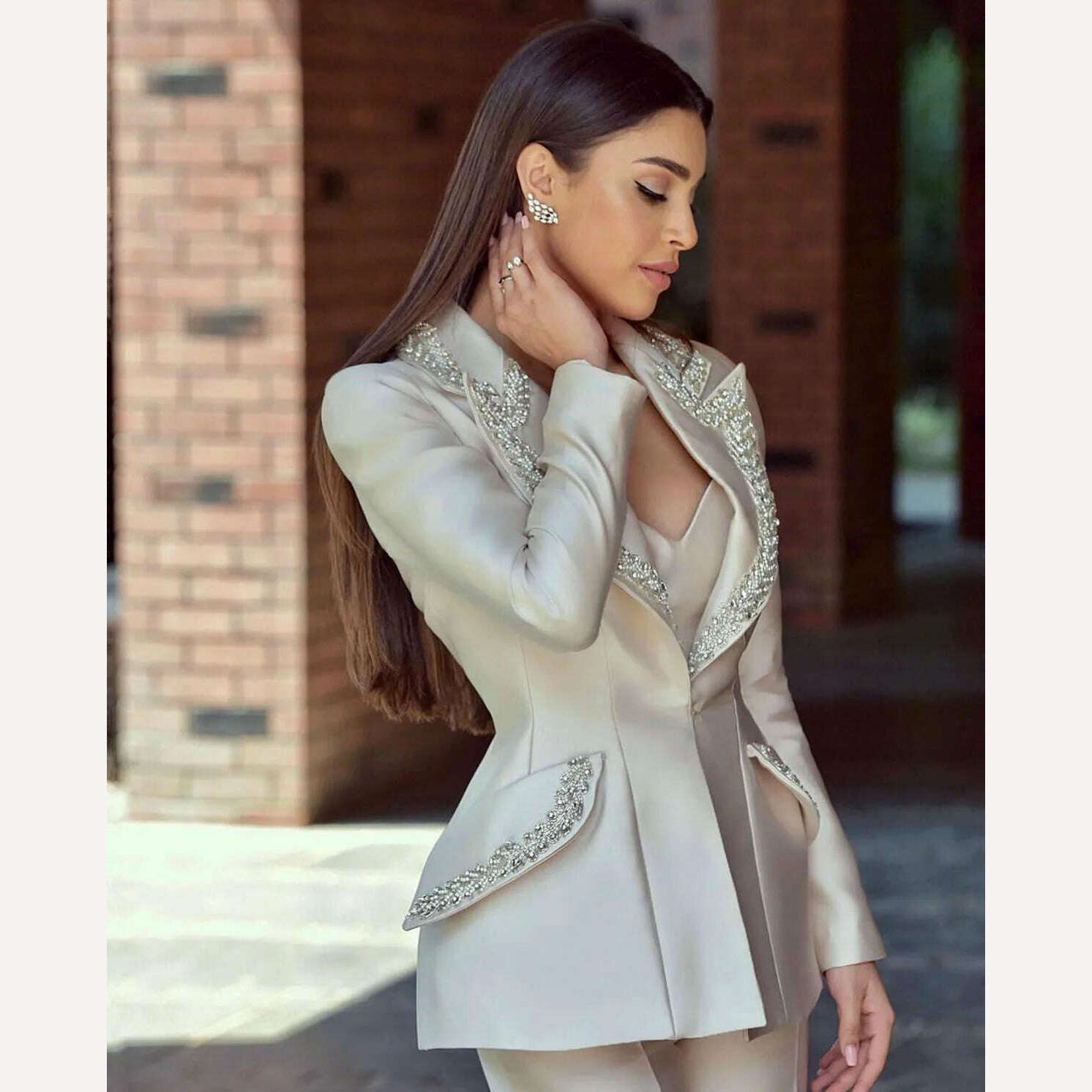 KIMLUD, Modern Crystal Women Suits 2 Pieces One Button Shiny Pocket Blazer Custom Made Fashion Slim Fit Elegant Celebrity Jacket, KIMLUD Womens Clothes