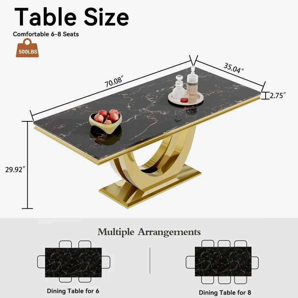 Modern Marble Dining Table, Luxurious Kitchen Table, Equipped with A Golden Geometric U-shaped Stainless Steel Base - KIMLUD