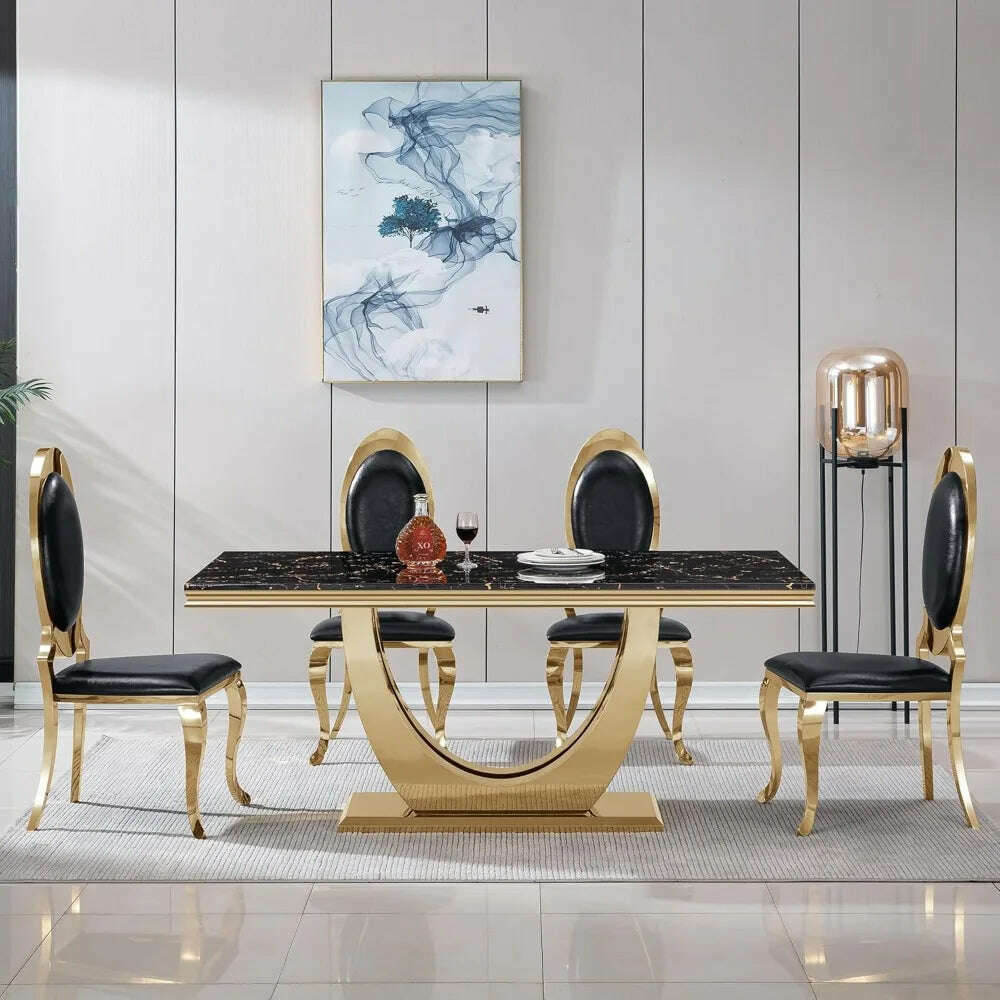 Modern Marble Dining Table, Luxurious Kitchen Table, Equipped with A Golden Geometric U-shaped Stainless Steel Base - KIMLUD