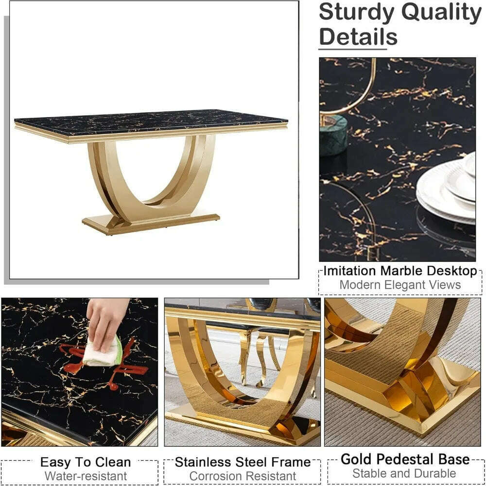 Modern Marble Dining Table, Luxurious Kitchen Table, Equipped with A Golden Geometric U-shaped Stainless Steel Base - KIMLUD