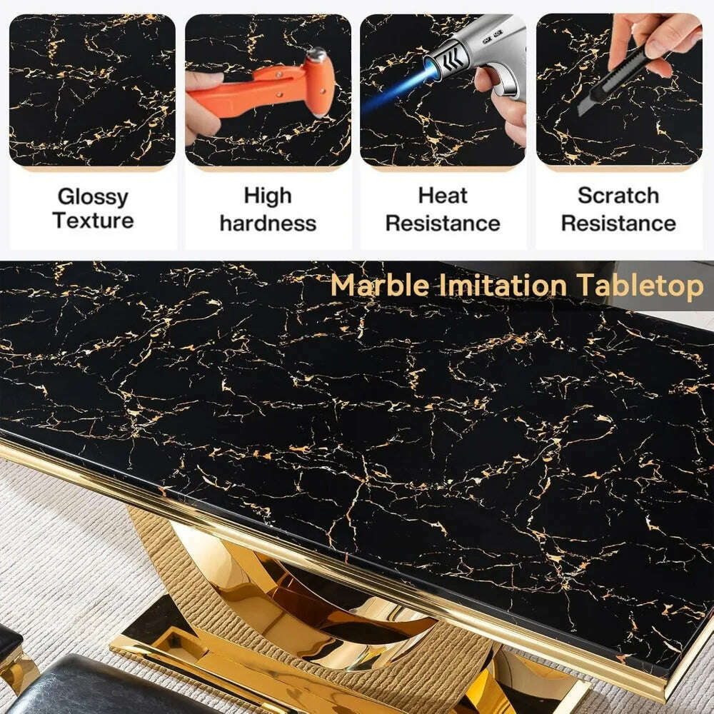 Modern Marble Dining Table, Luxurious Kitchen Table, Equipped with A Golden Geometric U-shaped Stainless Steel Base - KIMLUD