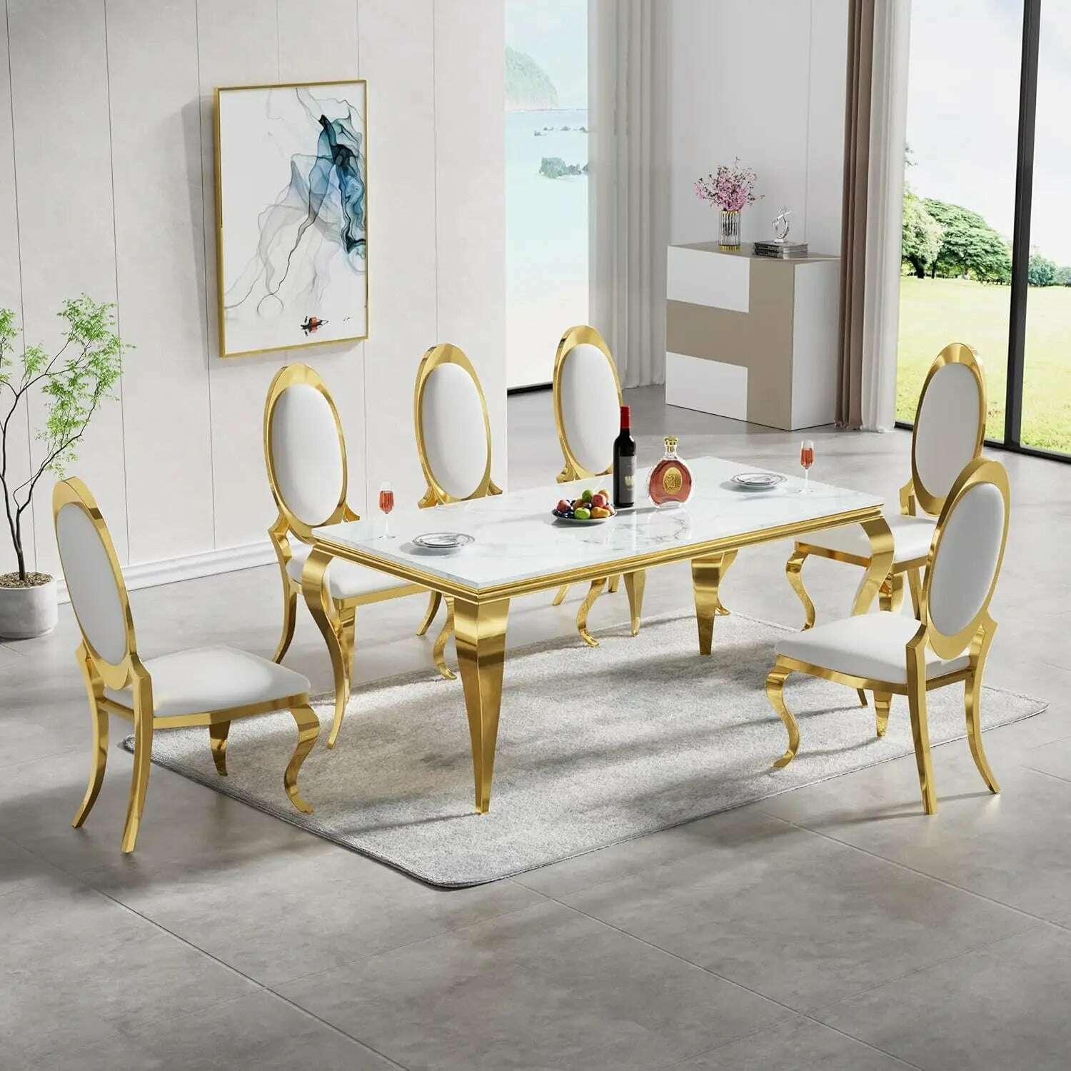 Modern Marble Dining Table, Luxurious Kitchen Table, Equipped with A Golden Geometric U-shaped Stainless Steel Base - KIMLUD