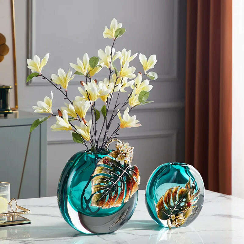 Modern minimalism Light luxury glass vase Home and living room decorations Glass enamel colored flower arrangement device - KIMLUD