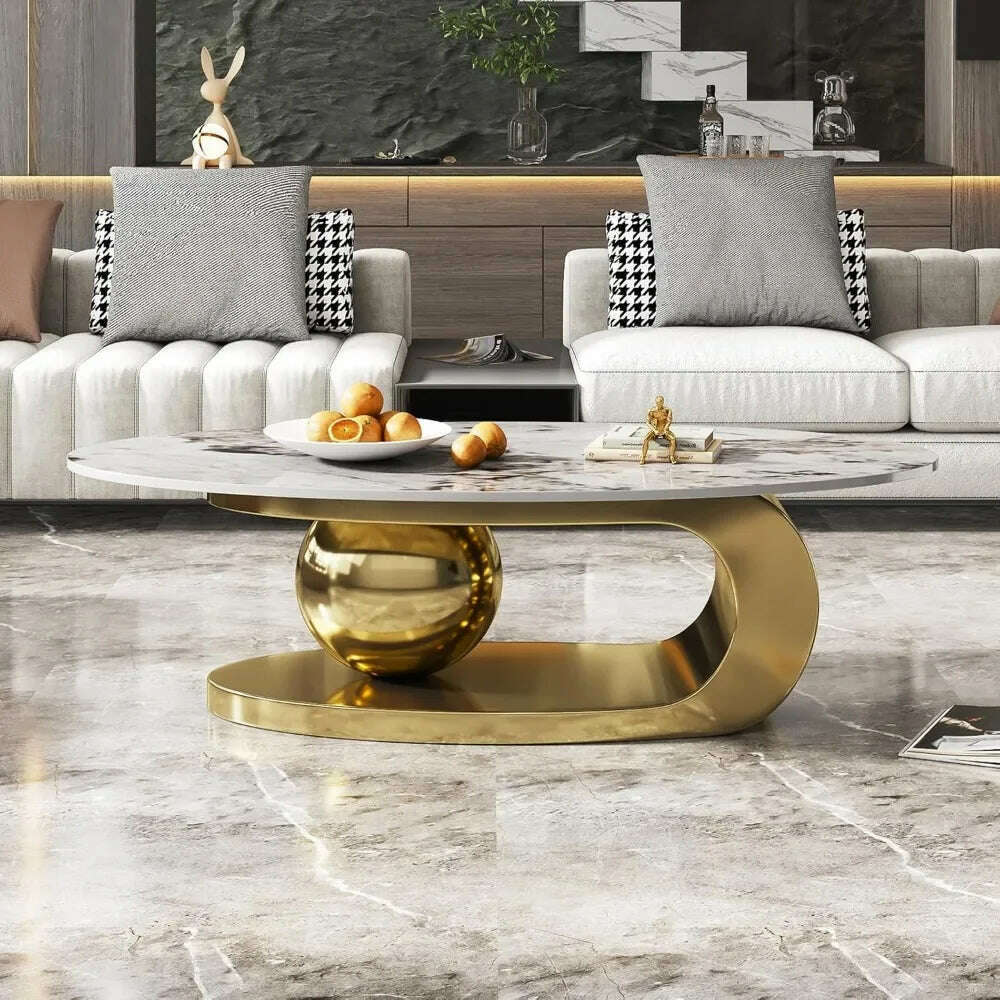 Modern Oval Stone Coffee Table with Abstract Gold Metal Base - Perfect Centerpiece for Stylish Living Rooms Coffee Tables - KIMLUD