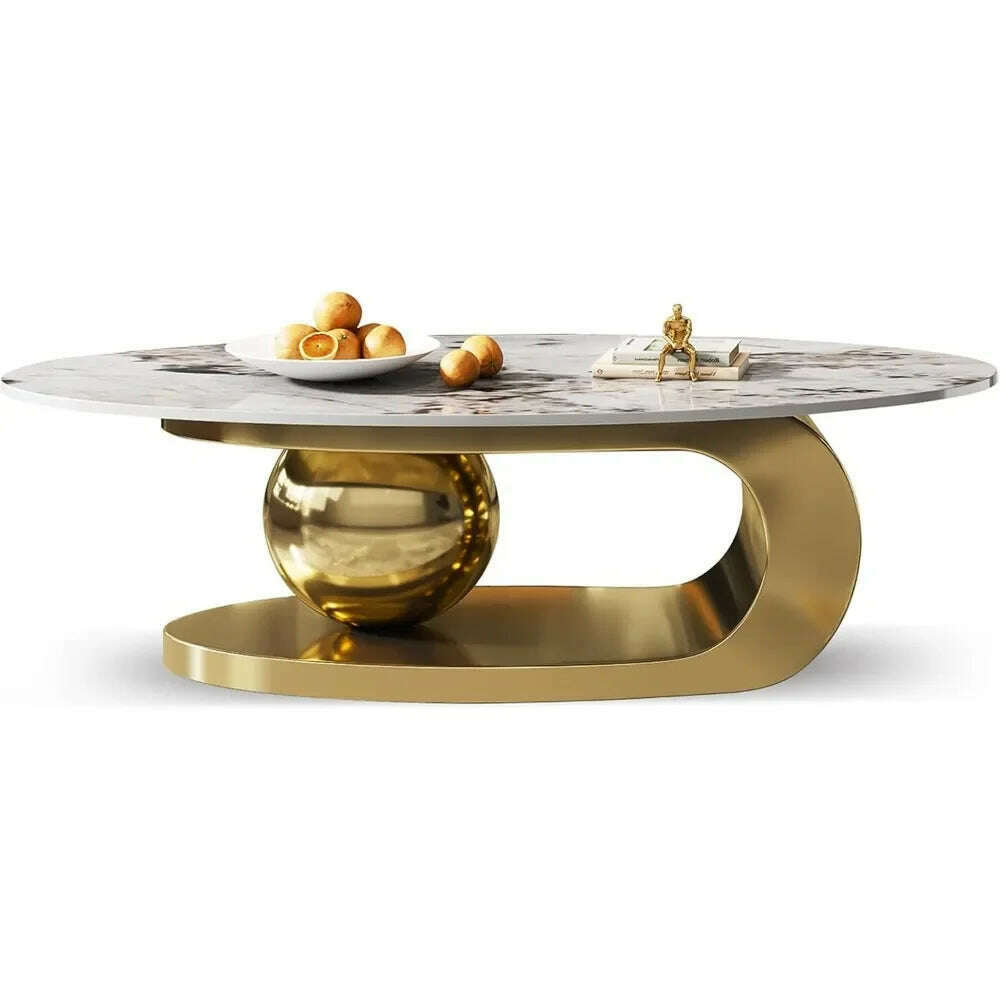 Modern Oval Stone Coffee Table with Abstract Gold Metal Base - Perfect Centerpiece for Stylish Living Rooms Coffee Tables - KIMLUD