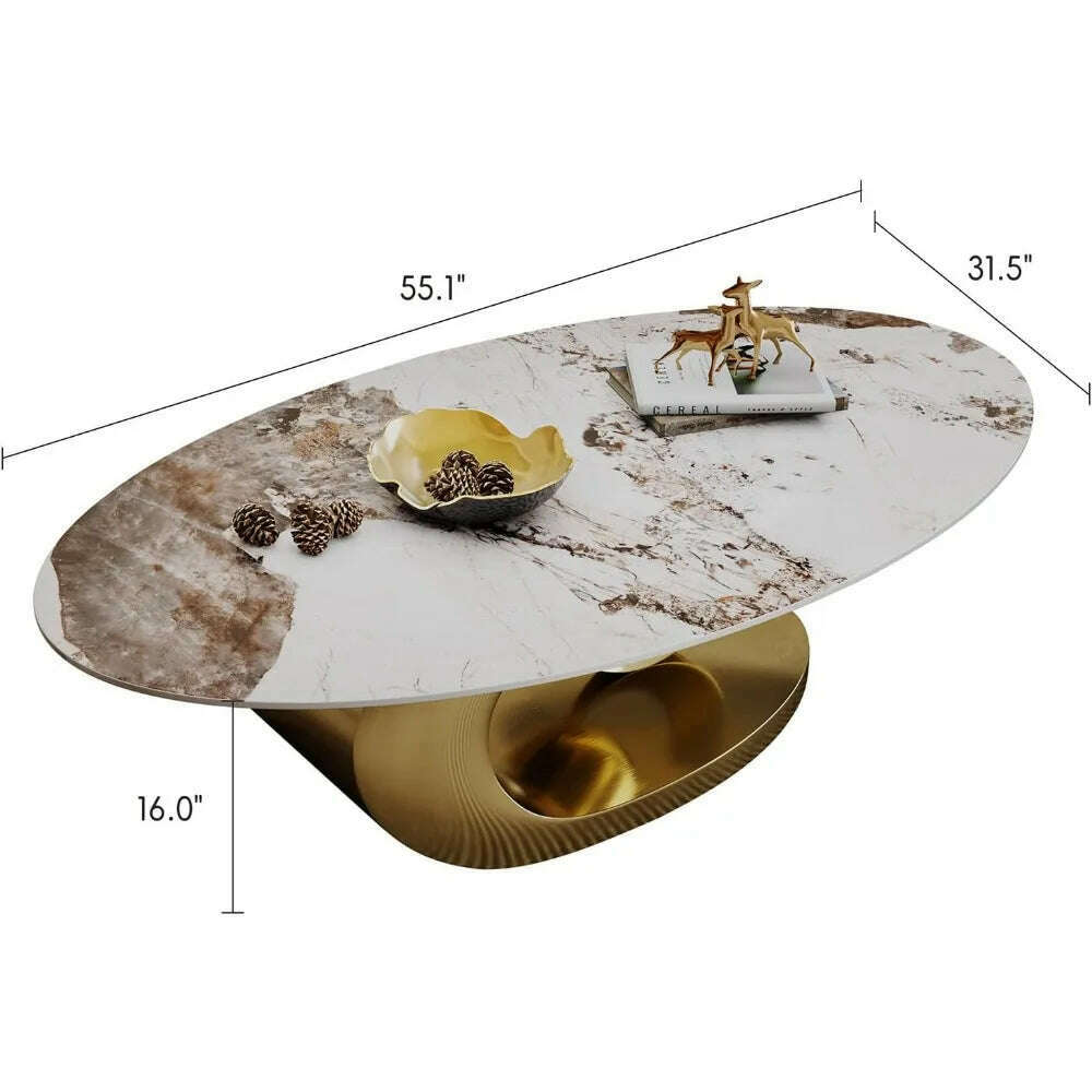 KIMLUD, Modern Oval Stone Coffee Table with Gold Metal Base - Elegant Centerpiece for Stylish Living Rooms - 55.1" Lx31.5 Wx16 H, KIMLUD Womens Clothes