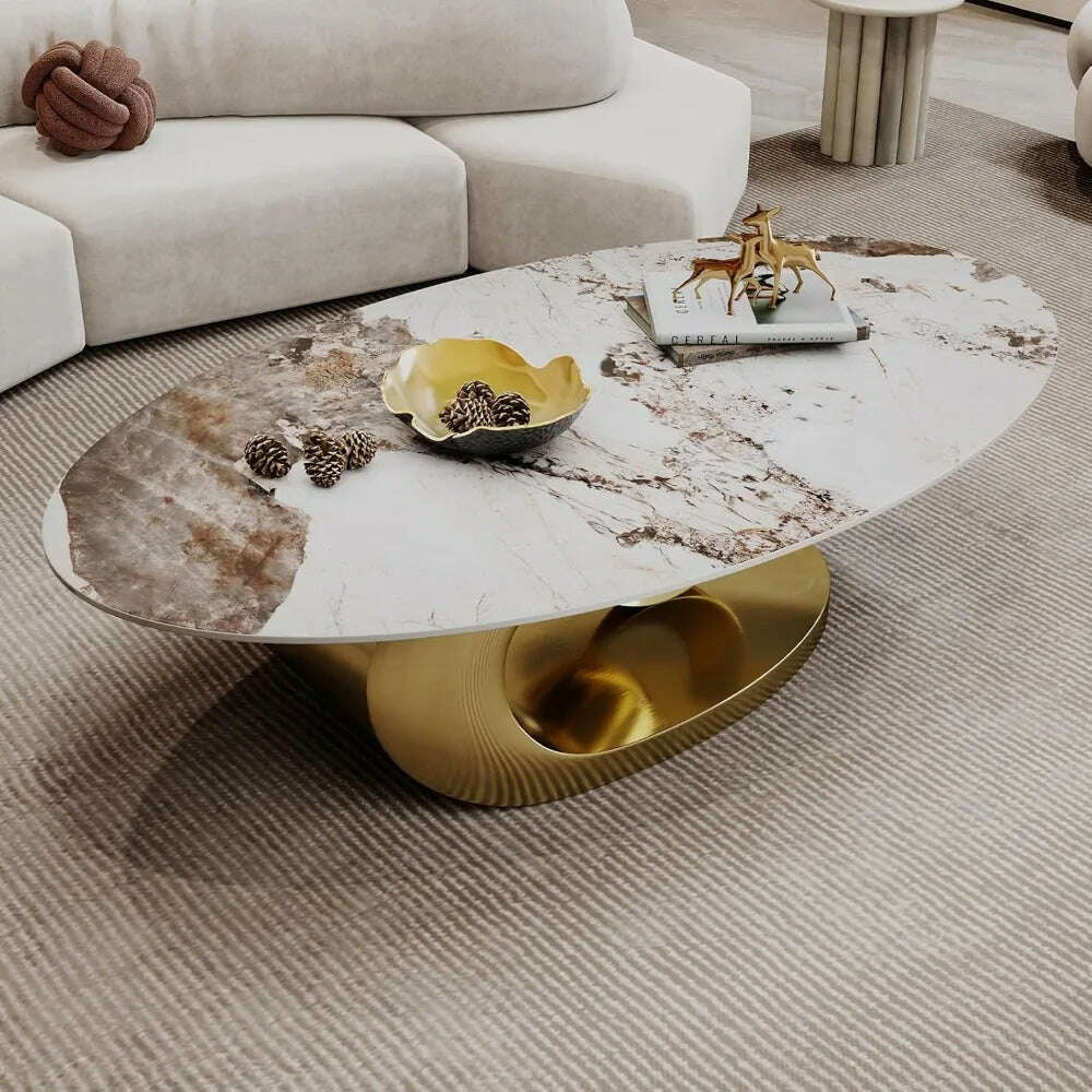 KIMLUD, Modern Oval Stone Coffee Table with Gold Metal Base - Elegant Centerpiece for Stylish Living Rooms - 55.1" Lx31.5 Wx16 H, KIMLUD Womens Clothes