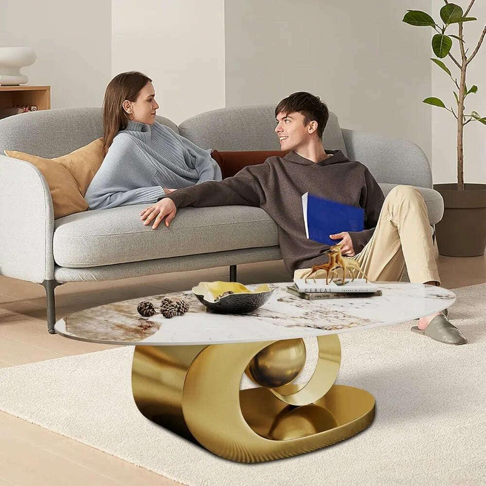KIMLUD, Modern Oval Stone Coffee Table with Gold Metal Base - Elegant Centerpiece for Stylish Living Rooms - 55.1" Lx31.5 Wx16 H, KIMLUD Womens Clothes