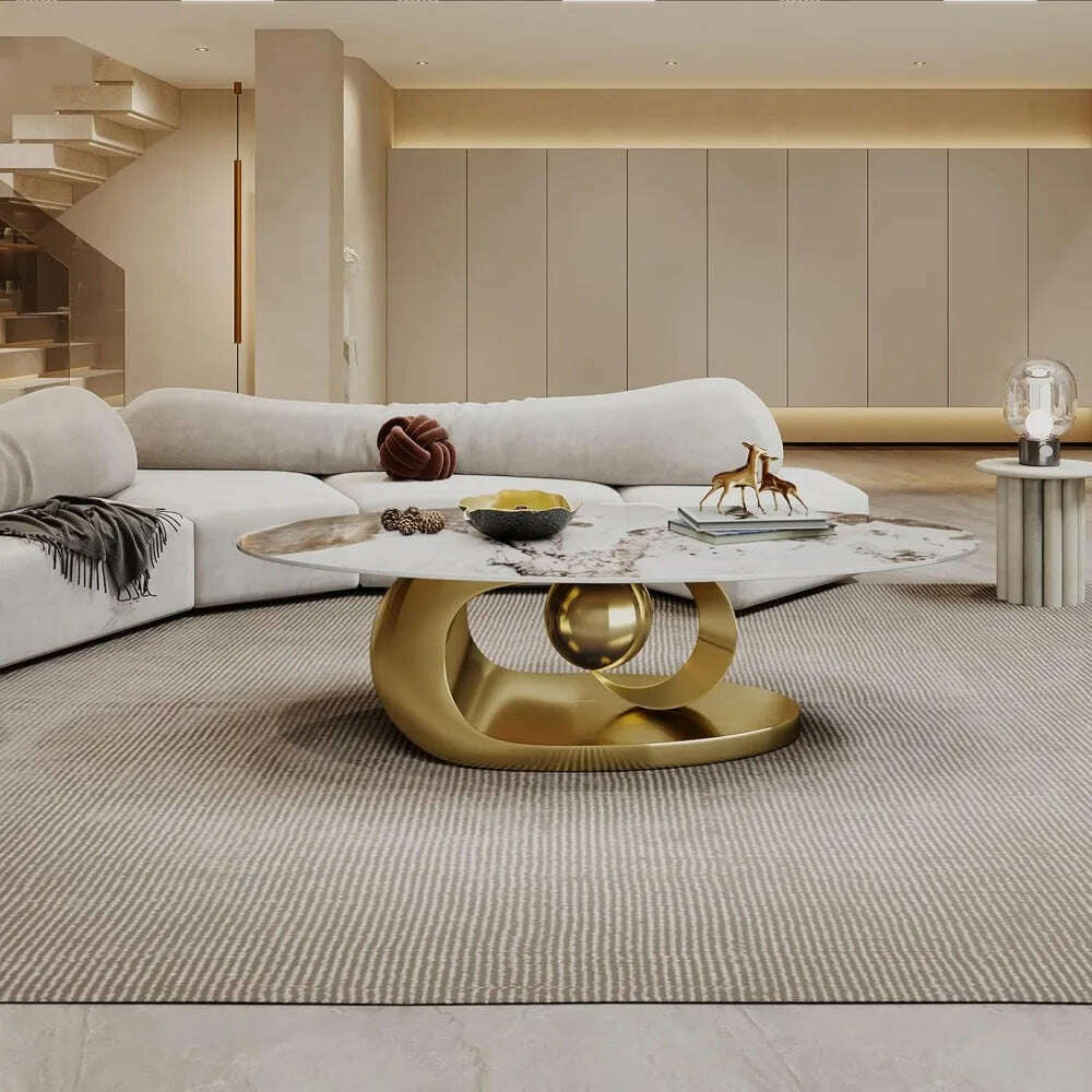 KIMLUD, Modern Oval Stone Coffee Table with Gold Metal Base - Elegant Centerpiece for Stylish Living Rooms - 55.1" Lx31.5 Wx16 H, KIMLUD Womens Clothes