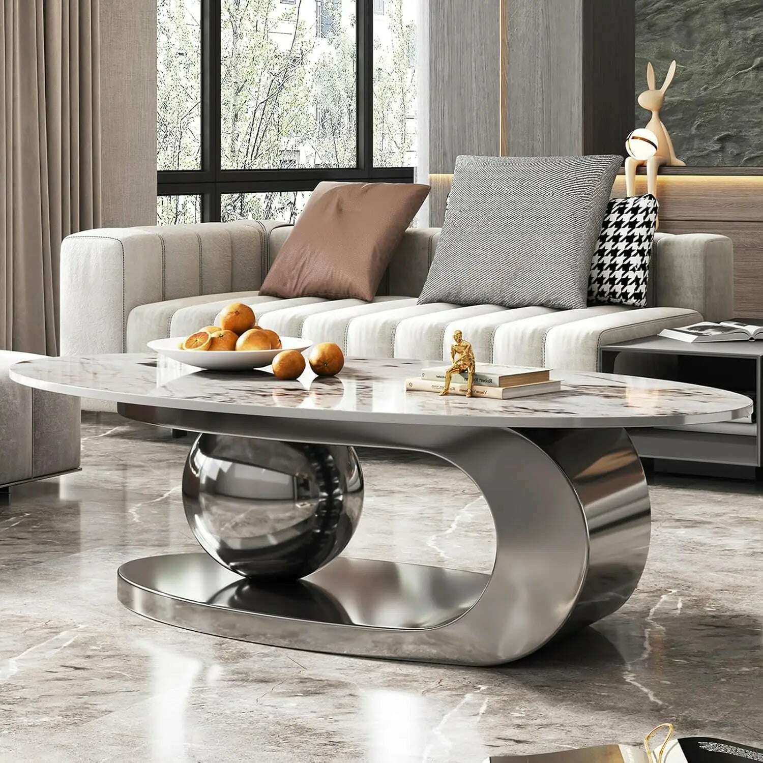 KIMLUD, Modern Oval Stone Coffee Table with Gold Metal Base - Elegant Centerpiece for Stylish Living Rooms - 55.1" Lx31.5 Wx16 H, KIMLUD Womens Clothes