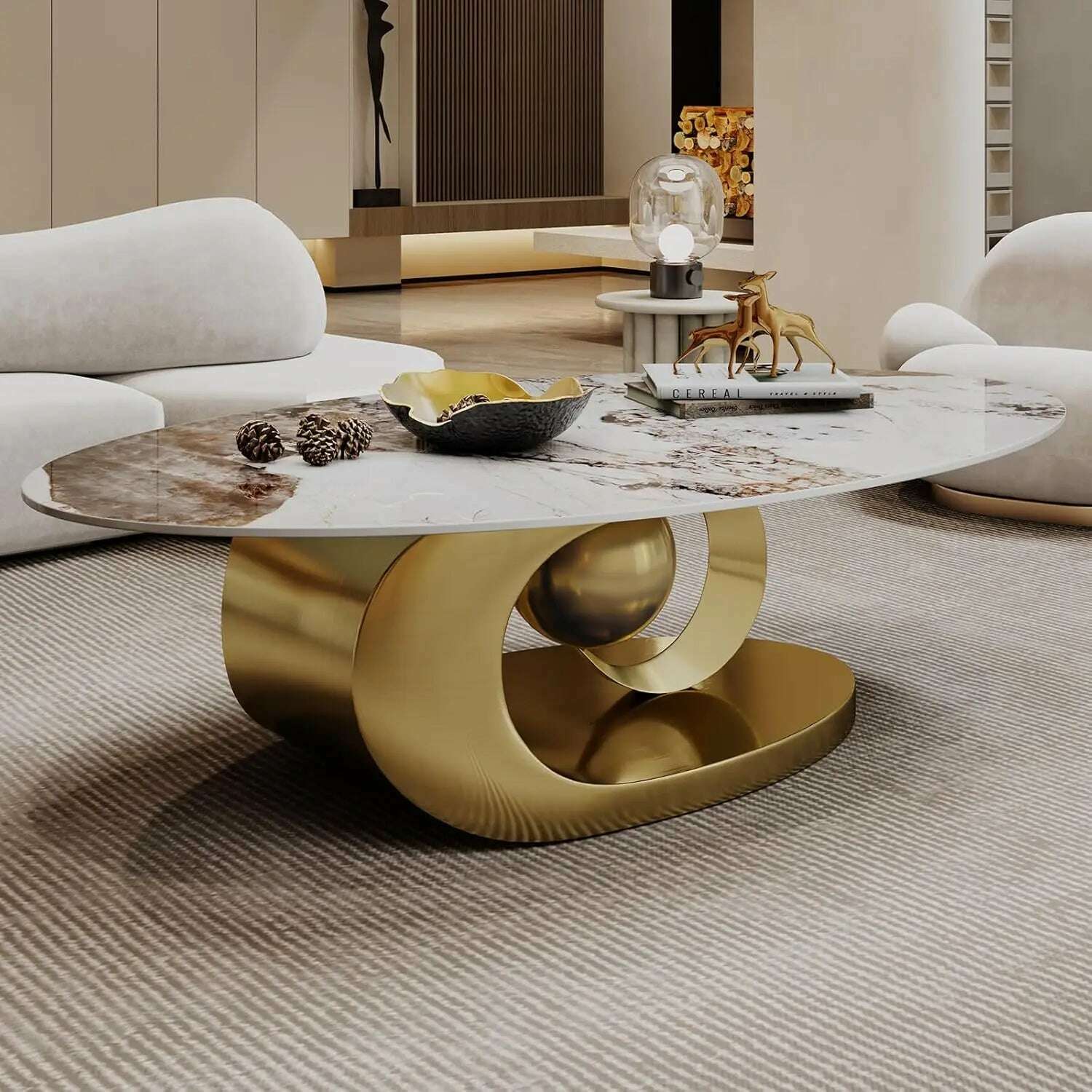 KIMLUD, Modern Oval Stone Coffee Table with Gold Metal Base - Elegant Centerpiece for Stylish Living Rooms - 55.1" Lx31.5 Wx16 H, YL-618GOLD / United States, KIMLUD APPAREL - Womens Clothes