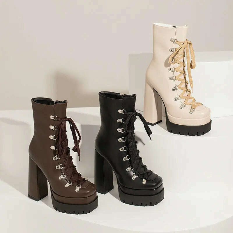 KIMLUD, Modern Western Mature Punk Goth Female Winter Super Block High Heeled Shoes Square Toe Lace-up Platform Heels Boots, KIMLUD Womens Clothes