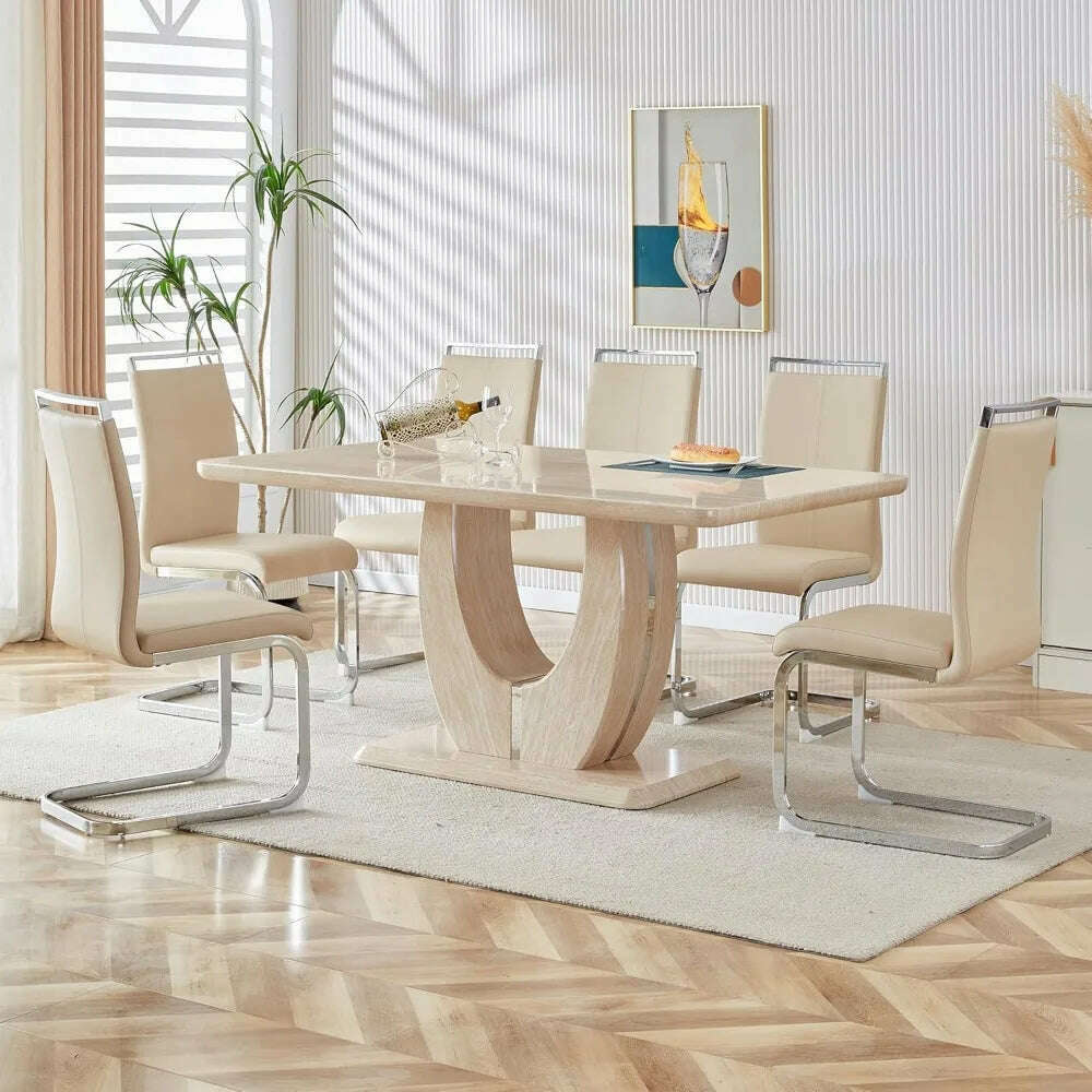 Modern Wooden Dining Table Set for6,Rectangula Kitchen Table Set with Faux Marble Tabletop&6 Pu Leather Upholstered Chairs Ideal - KIMLUD