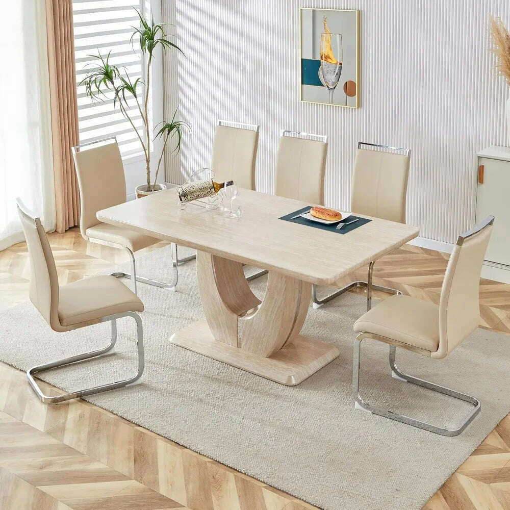 Modern Wooden Dining Table Set for6,Rectangula Kitchen Table Set with Faux Marble Tabletop&6 Pu Leather Upholstered Chairs Ideal - KIMLUD