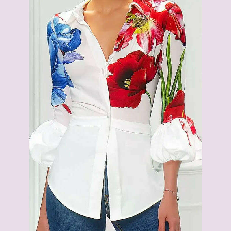 KIMLUD, Modigirl 2025 Women's Spring Summer Urban Shirts Puff Sleeves Buttoned Lapel Office Work Casual Woman Flower Print Blouses Tops, White Flower Blouses / XL, KIMLUD APPAREL - Womens Clothes