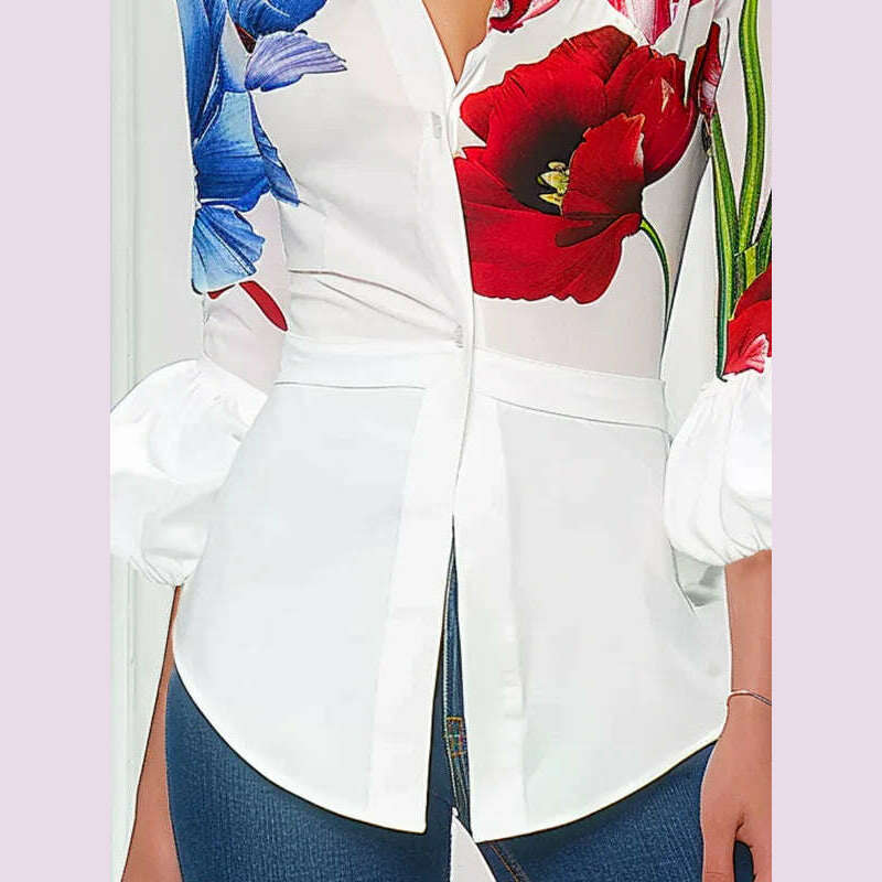 KIMLUD, Modigirl 2025 Women's Spring Summer Urban Shirts Puff Sleeves Buttoned Lapel Office Work Casual Woman Flower Print Blouses Tops, KIMLUD Womens Clothes