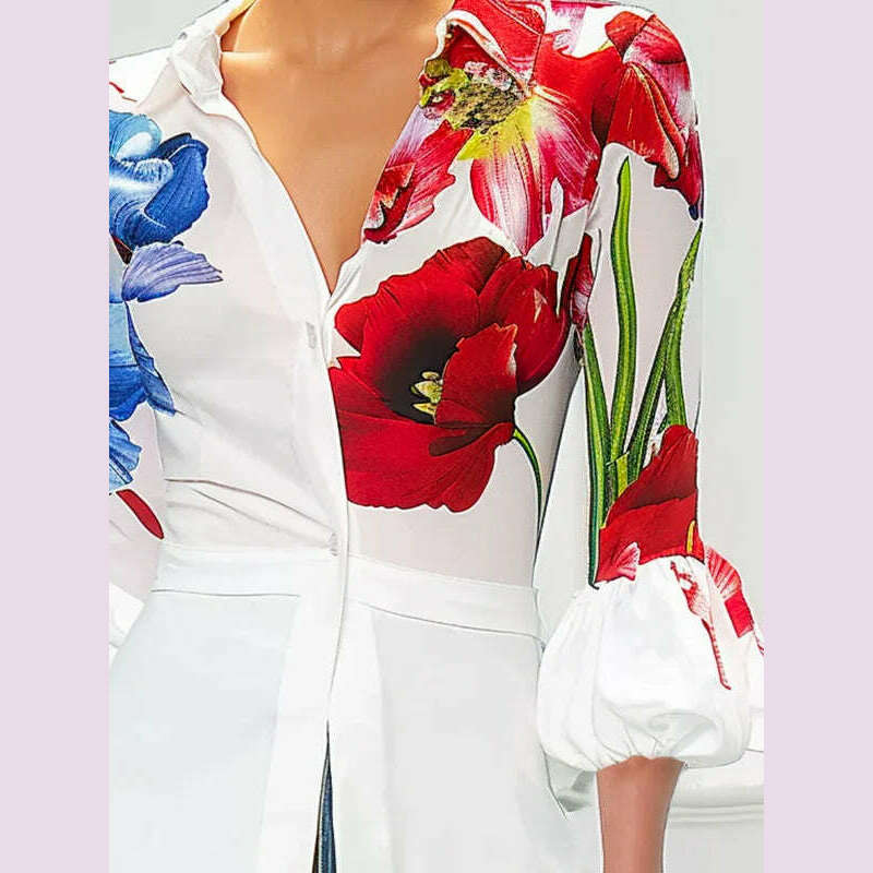 KIMLUD, Modigirl 2025 Women's Spring Summer Urban Shirts Puff Sleeves Buttoned Lapel Office Work Casual Woman Flower Print Blouses Tops, KIMLUD Womens Clothes