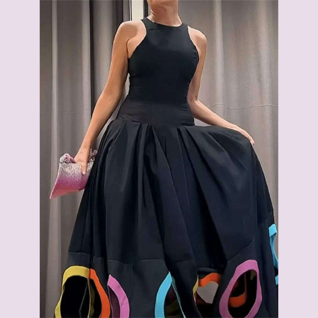 Modigirl Summer Clothes Women 2024 Dress Hollow Pleated Split-Joint Sleeveless Round-neck Party Vestidos Largos Black Dress Long - KIMLUD