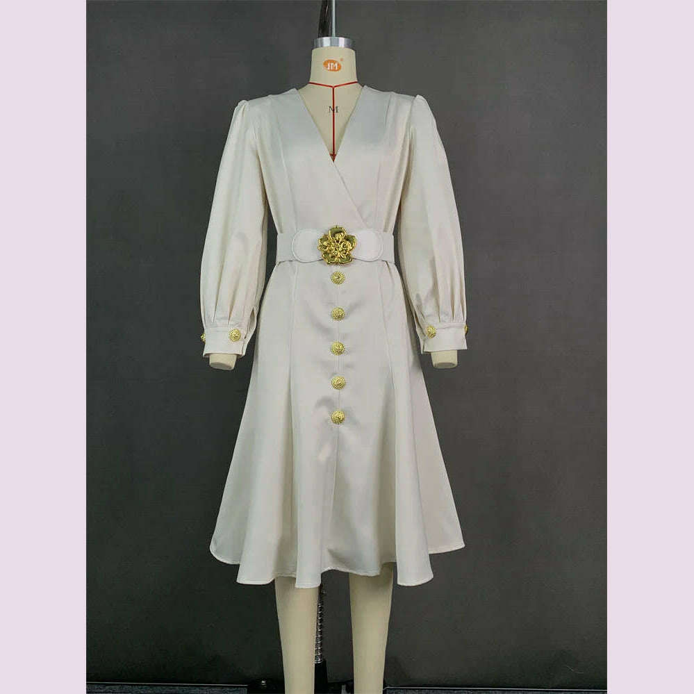 Modigirl Womens Evening Dresses 2024 Autumn Winter Puff Sleeves Pleated Split-Joint Tied Waist V-Neck Elegant Prom Midi Dresses - KIMLUD