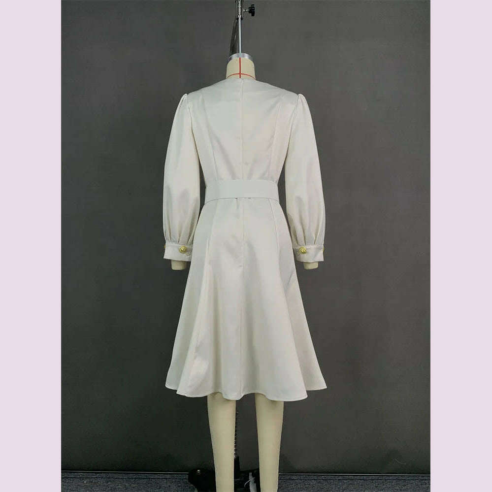 Modigirl Womens Evening Dresses 2024 Autumn Winter Puff Sleeves Pleated Split-Joint Tied Waist V-Neck Elegant Prom Midi Dresses - KIMLUD