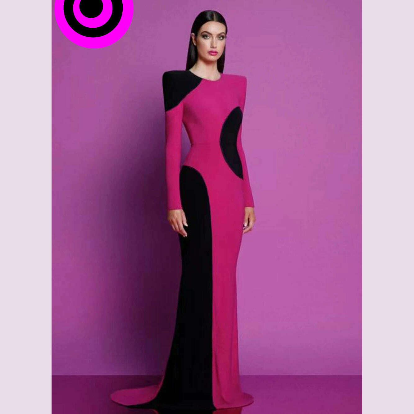 KIMLUD, Modphy Contrast Color Patchwork Design Tight Long Bandage Dress For Women Long Sleeved O-Neck Fashion Party Cocktail Club Dress, KIMLUD Womens Clothes