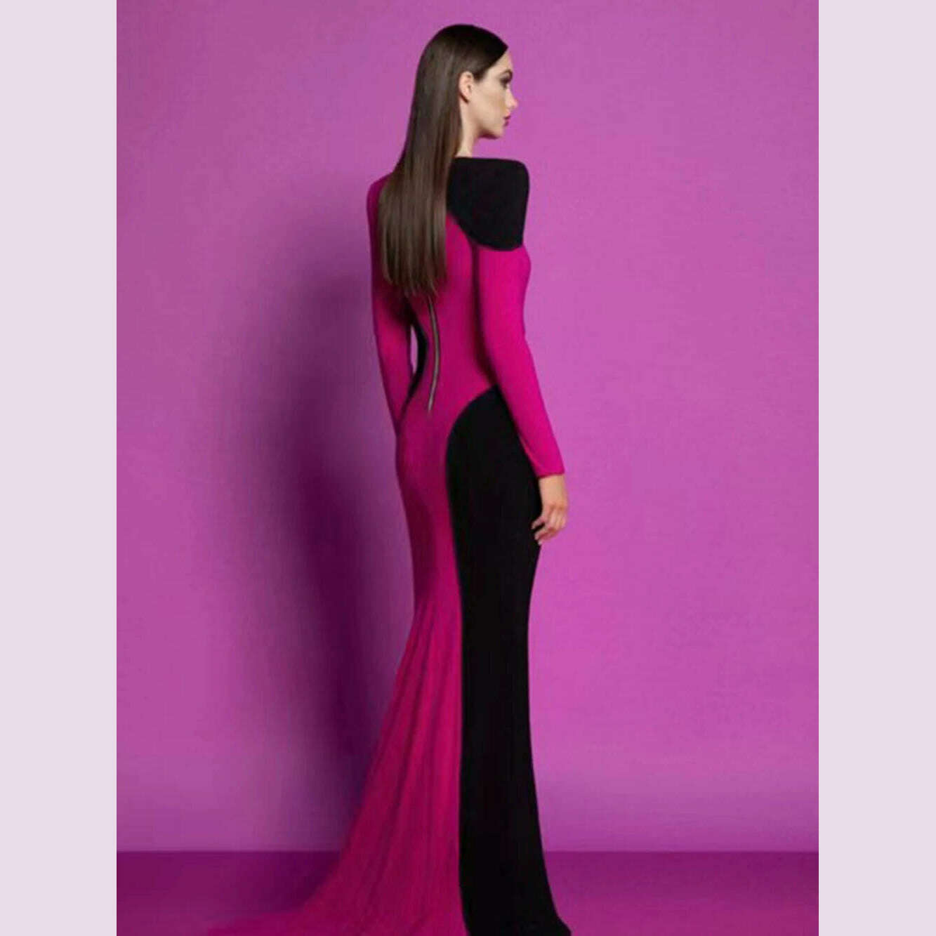 KIMLUD, Modphy Contrast Color Patchwork Design Tight Long Bandage Dress For Women Long Sleeved O-Neck Fashion Party Cocktail Club Dress, KIMLUD Womens Clothes