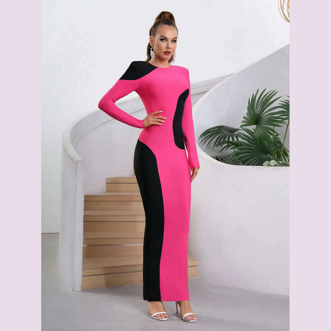 KIMLUD, Modphy Contrast Color Patchwork Design Tight Long Bandage Dress For Women Long Sleeved O-Neck Fashion Party Cocktail Club Dress, KIMLUD Womens Clothes